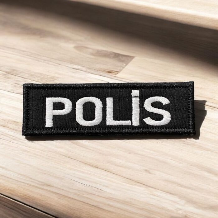 polis yazisi pec arma patch siyah zemin beyaz nakis