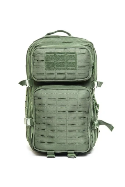 khaki color 45l backpack with 2 free patches